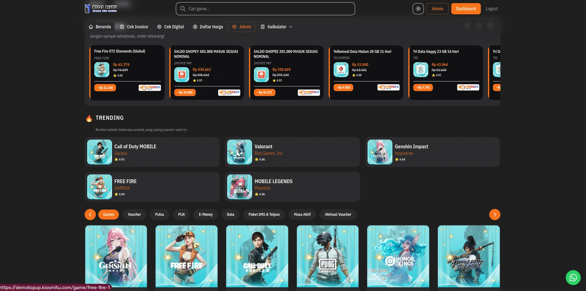 Tampilan dashboard website top-up KiosMitu
